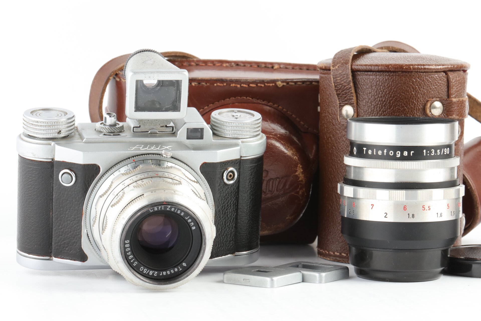 Altissa Altix V mit Carl Zeiss 2,8/50mm Tessar + 3,5/90mm Telefogar Meyer red V + Sucher 50/90
